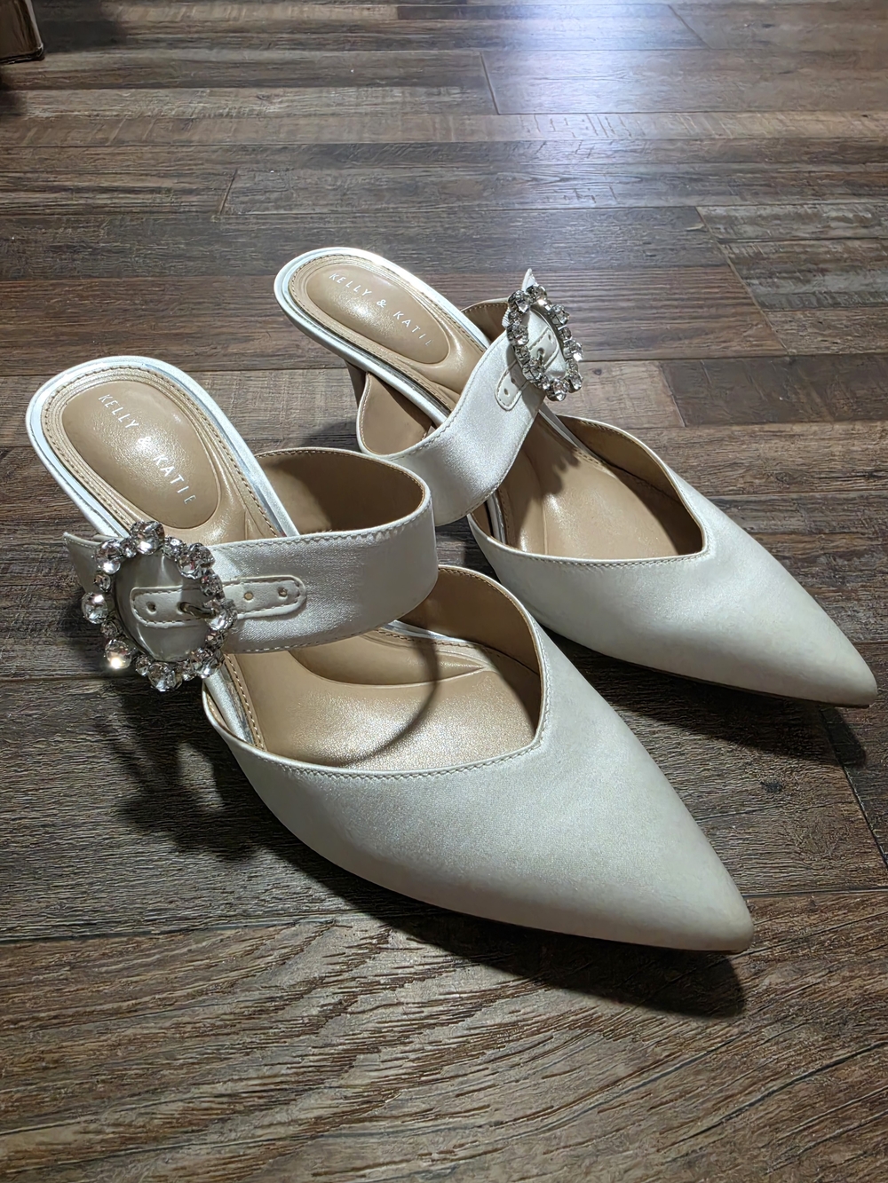Kelly & Katie Ivory Satin Pointed Mules with Jeweled Buckle, SIZE 7.5